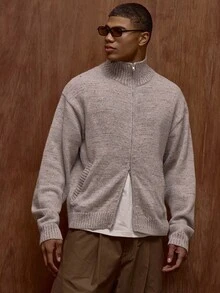 Musero Men Ribbed Long Funnel Neck Speckled Knitted Zip Through Jumper Style Cardigan Fall/Autumn Winter - Multicolor - View 1