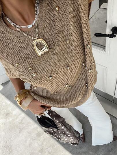 Siren Gaze Women's Solid Color Button Design Round Neck Batwing Short Sleeve Casual Loose Knit Top, Autumn/Winter