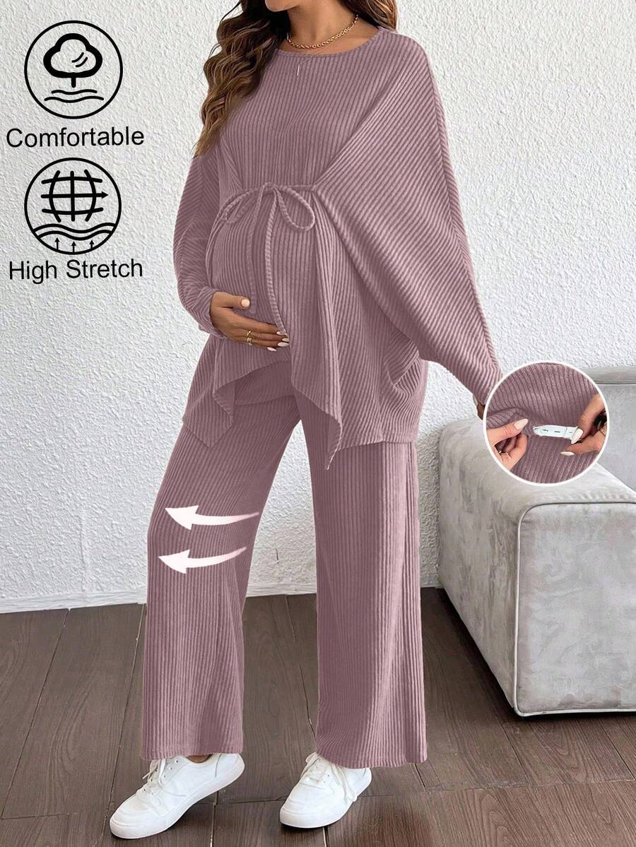 SHEIN 2 piezas Conjunto de top de murciélago y pantalones de unicolor casual de maternidad - Rosa vieja - Ver 1
