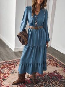 LanaWest Women's Autumn Bohemian Casual Vacation Style Rust Brown Design V-Neck Long Sleeve Patchwork Dress