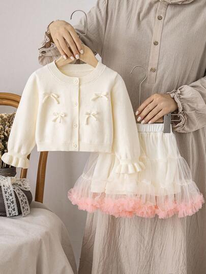 SHEIN 2pcs Baby Girl Bow Decor Button Front Sweater Set And Ombre Tulle Skirt Tutu Dress, Suitable For Family Gatherings, Halloween, New Year, Thanksgiving, Christmas Fall Winter