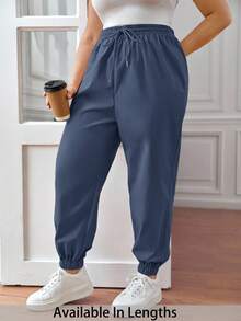 SHEIN PETITE CURVE Plus Size Drawstring Waist Pants, Jogger Pants, Loose Fit/Winter - Blue - View 1