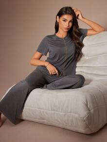 Lazeform Casual Lazy Women Pajama Set Women Lounge Wear Sets Sleep Wear Women 2 Piece Set Modal Pajama Set Bamboo Pajamas Women V Neck Lounge Wear - Dark Grey - View 2