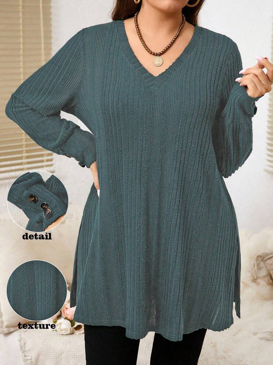 EMERY ROSE Áo thun tay dài cổ chữ V màu trơn dáng rộng thoải mái cho nữ cỡ lớn - Màu xanh bụi bặm - Xem 1