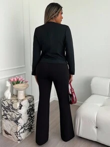 Xyvia Women's Contrast Color Waist Cinched Sweetheart Neck Long Blazer Jacket, Business/Office Style, Autumn/Winter - Black and White - View 2