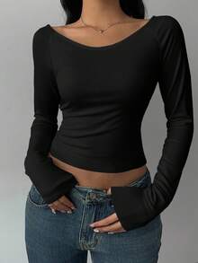 SHEIN BASICS Casual Minimalist Ribbed Wide Neck Women Long Sleeve T-Shirt, Versatile, Base Layer, Autumn/Winter,Black Tops - Black - View 3