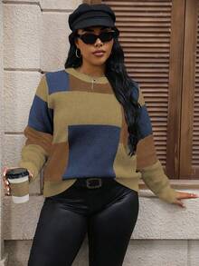 Calvaya 大码拼色圆领毛衣，秋冬休闲款