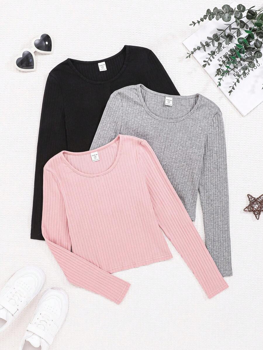 SHEIN 3件套女童纯色圆领长袖针织运动街头上衣 - 彩色 - 查看 1