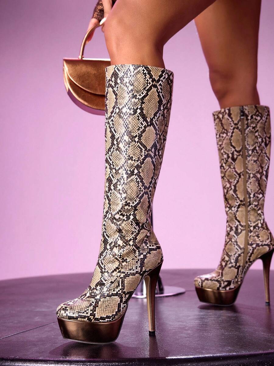 CUCCOO LuxiPop Sexy Fashion High Platform Thin High Heel Casual Versatile Side Zipper Women's Ankle Boots, Suitable For Halloween, Christmas, Party, Autumn Nightclub Outfit - Apricot - View 1