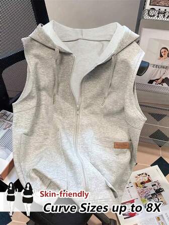 SHEIN CURVE+ Plus Size Sleeveless Drawstring Decor Pocket Casual Hooded Sweatshirt, Heather Gray For Women, Autumn/Winter