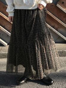 FRIFUL 女士弹力腰带透视豹纹褶裥下摆休闲百搭半身裙，秋冬款