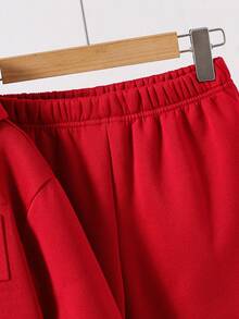 2pcs Kids/Tween Boys' Casual Letter Embossed Hoodie Sweatshirt And Relaxed Knit Pants Set,Red,Autumn,Graphic,Streetwear,School,Back-To-School Outfit - Red - View 5