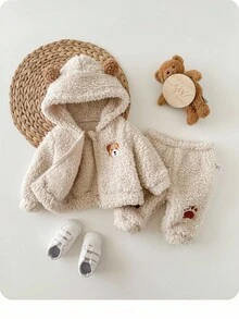 SHEIN 新生女婴可爱卡通图案毛绒连帽夹克和松紧腰裤套装，秋冬 - 彩色 - 查看 3