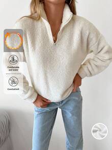 RueChic Half Zip Drop Shoulder Teddy Sweatshirt - White - View 1