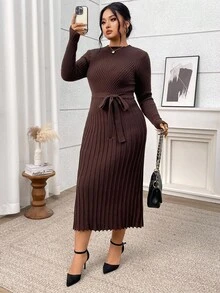 Modelyn Đầm dệt kim tay dài cổ tròn màu trơn cỡ lớn dành cho nữ, thanh lịch cho mùa thu/đông - Màu Khaki - Xem 4
