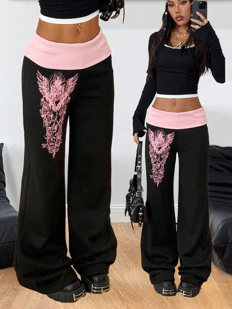 Coolane Pantalon évasé noir avec taille contrastée, idéal pour les concerts, les festivals, les sorties, les foires de la Renaissance et les clubs