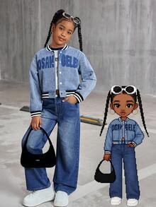 Oversized Vintage Jeans Baseball Jacke für Tween Mädchen, lässiger weiter Streetwear-Stil, ausgewaschenes hellblaues Jeans-Material mit schwarz-weißem geripptem Kragen, Bündchen und Saum, Los Angeles Grafik-Muster, locker sitzend geeignet für den täglichen Gebrauch, Ausflüge, Dates, Partys Herbst Winter - Helle Waschung - Übersicht 3
