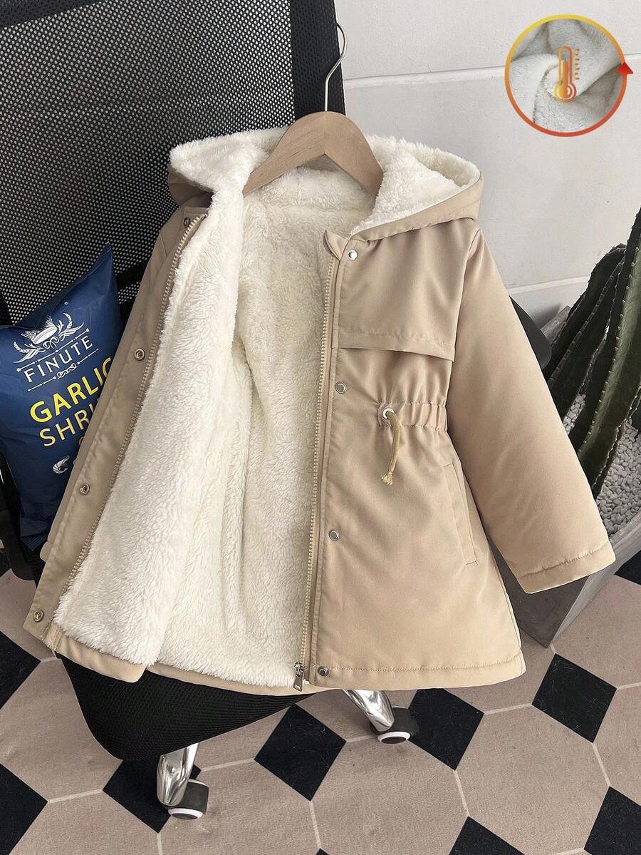 SHEIN Playful Pals 年轻女孩连帽棉服外套，前拉链，收腰