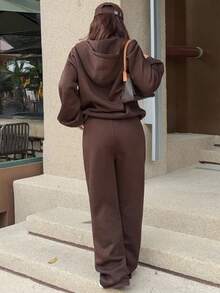 DAZY Women's Casual Everyday Commute Simple Solid Color Drop Shoulder Loose Zip-Up Drawstring Hoodie And Wide Leg Sweatpants 2 Pieces Set, Autumn/Winter