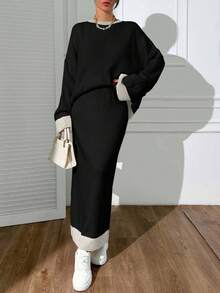 Damen Set aus Pullover mit rundem Ausschnitt und Drop-Shoulder und Strickrock