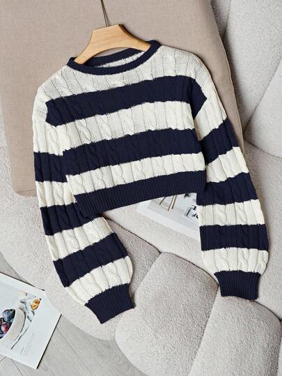 Franclia Suéter básico de mujer con mangas de farol, contraste de color y cuerda retorcida, otoño/primavera