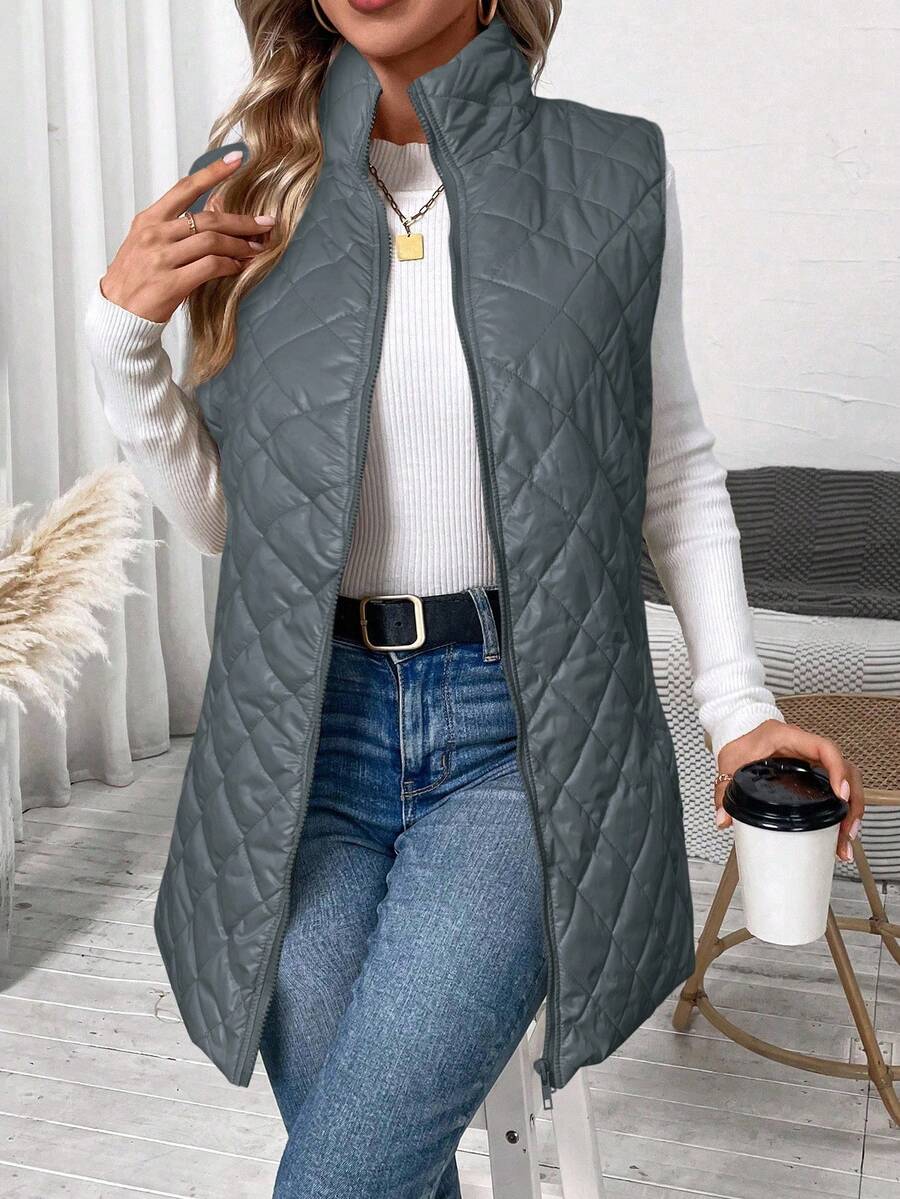 SHEIN Clasi 秋冬大码纯色无袖休闲夹克 - 灰色 - 查看 1