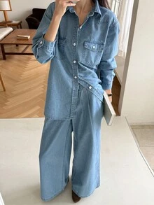 DAZY Women's Loose Turndown Collar Denim Shirt And Straight Leg Jeans Casual Denim Suit - Medium Wash - View 2