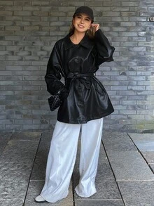 DAZY 女士宽松翻领系带常规休闲PU皮夹克，街头风秋冬女装外套