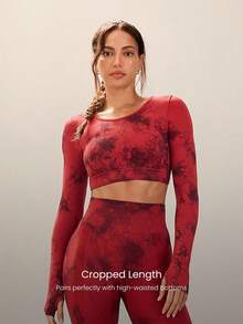GLOWMODE Seamless Fitted Long Sleeve Crop Tee With Lace-Up Back Light Support Low Impact Yoga Pilates Daily Gym - Redwood - View 2