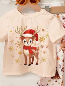 SHEIN Happikins 米白色，圣诞树、雪花、可爱驯鹿图案印花，女婴休闲简约短袖圆领T恤和喇叭裤套装，适合所有季节，居家、日常穿着，充满圣诞氛围，秋季穿搭，舒适透气，秋冬季女婴叠穿，时尚女童，休闲装，女婴图案服装，秋冬服装，适合圣诞节穿着 - 彩色 - 查看 3