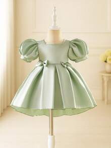 Glamorique Kids Baby Girls' Elegant Satin Puff Sleeve Vintage Bow Decor Peplum Dress, Formal Outfit Sage Green Baby Girl Dress Satin Dress Baby