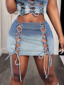 Slaydiva Women's Distressed Tie-Up Denim Mini Skirt - Blue - View 4