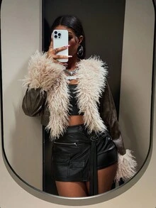 Slaydiva 2025 Autumn And Winter New Street Casual Brown Fitted PU Splicing Fur Collar Long Sleeve Cropped Women Jacket, Suitable For Daily Travel, Commuting, Party Gatherings, Festivals, Travel, Casual Street, Back To School, Hot Girls, Nightclubs-A