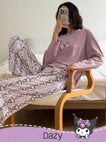 DAZY HELLO KITTY AND FRIENDS | SHEIN Damski, uroczy, kreskówkowy komplet piżamowy z długim rękawem i luźnymi spodniami, z nadrukiem na całej powierzchni, na wiosnę/jesień i jesień/zimę - Jasnofioletowy - Zobacz 3