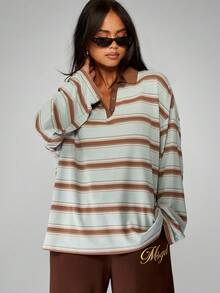 MISSGUIDED 复古橄榄球 Polo 风格长袖条纹上衣超大号休闲秋冬居家分层必备柔软针织基本款套头衫学院风周末必备单品 - 彩色 - 查看 1