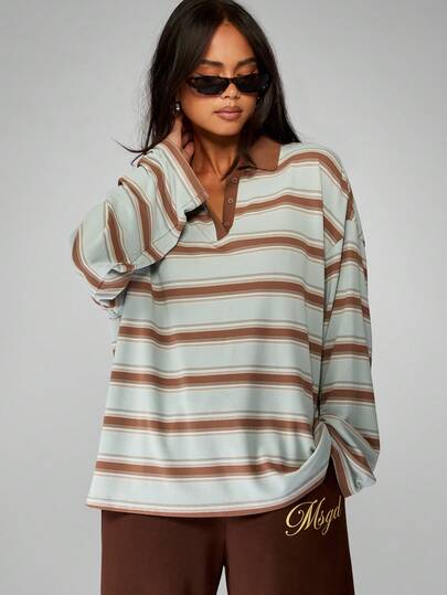 MISSGUIDED Retro Rugby Polo Style Long Sleeve Striped Top Oversized Casual Fall Winter Lounge Layering Essential Soft Knit Basic Pullover College Look Weekend Staple