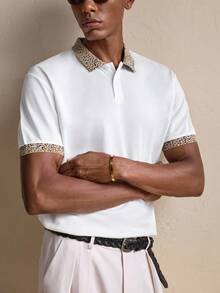 AKNOTIC Men's Leopard Print Jacquard Splice Short Sleeve Polo Shirt - White - View 4