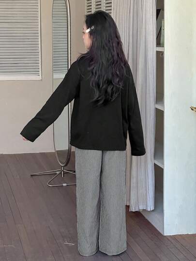 DAZY 2 件儿童青少年女孩圆领印花长袖 T 恤 + 条纹梭织裤家居服套装，秋季