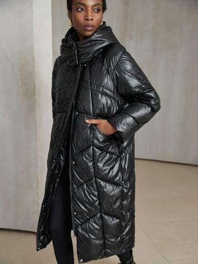 Aveloria Modichic Manteau matelassé mode et élégant, amincissant, de couleur unie, rétro chic et polyvalent, jusqu'aux genoux, avec chapeau amovible pour femmes