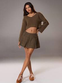 SHEIN Unity 纯色 V 领长袖休闲衬衫、长袖上衣 - 咖啡棕 - 查看 4