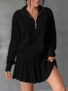 EURMUSE Women Solid Color Zipper Neck Drop Shoulder Pullover & Sweater Skirt Set - Black - View 6