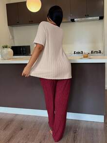 Snug Zone Plus Size Women Knitted Ribbed Bow Embroidered Round Neck Short Sleeve Pants Casual Pajama Set Bow Pajama Set - Red - View 2