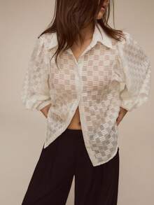 ATUI Studio 女式格子提花衬衫，灯笼袖设计，白色百搭秋季衬衫 - 白色 - 查看 1