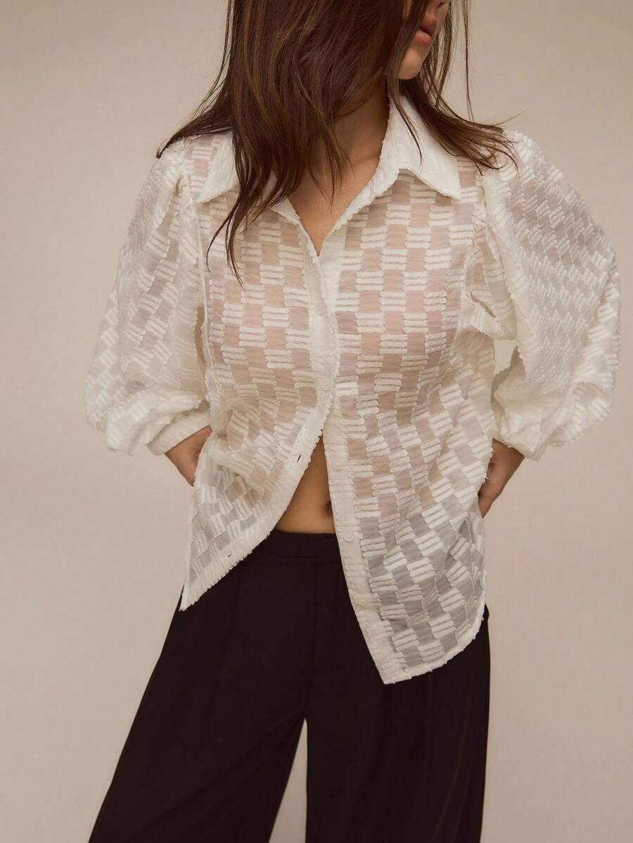 ATUI Studio 女式格子提花衬衫，灯笼袖设计，白色百搭秋季衬衫 - 白色 - 查看 1