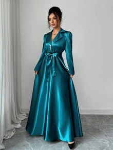 SHEIN Elenzya 女士优雅V领收腰A字长袖连衣裙，浪漫精致 - 藏蓝色 - 查看 3