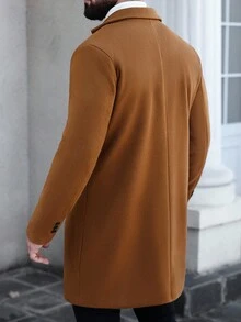 Manfinity CasualCool 男士纯色口袋和纽扣前长袖大衣，秋季外出大衣，适合送给朋友、丈夫、男朋友的礼物 - 卡其色 - 查看 2