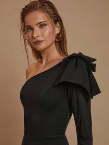 Glamine 女士优雅派对蝴蝶结长袖斜肩阔腿连体裤，秋冬 - 黑色 - 查看 7