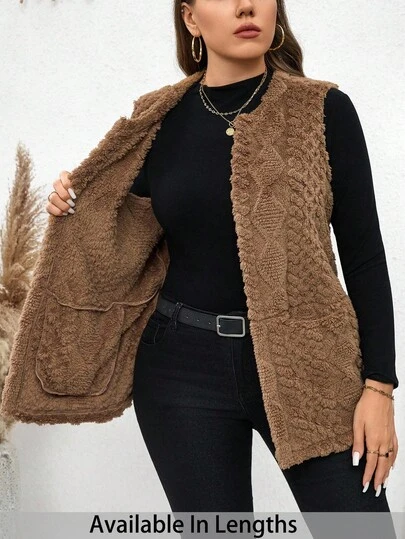 SHEIN Tall CURVE Chaleco informal de mujer talla grande con textura esponjosa y bolsillos dobles delanteros, adecuado para ropa de otoño de talla grande, chaleco de talla grande, ropa de invierno de talla grande, chaleco para mujeres altas, chaleco curvo