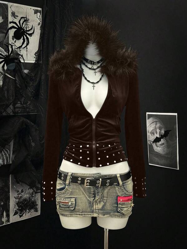 EgrlEra Women's Zipper Front Hooded Sweatshirt With Faux Fur Collar And Metal Decor