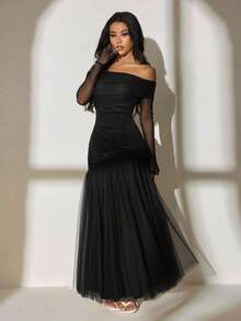 SHEIN PETITE Váy đen dự tiệc sang trọng, thanh lịch và lãng mạn, váy dạ hội, váy dự tiệc cưới mùa thu, váy dài một vai, thêu lưới tương phản, viền bất đối xứng, nối gấu siêu dài, co giãn cao - màu đen - Xem 3